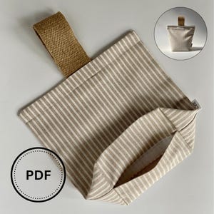 May include: A beige and white striped fabric bag with a burlap handle. The bag has a small pocket on the front. The text "PDF" is in a circle in the lower left corner. A smaller image of the bag is in the upper right corner.