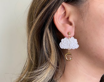 White Cloud Clay Earrings, Gold Moon Earrings, Clay Earrings, Lightweight/ Gifts for Women/ Birthday Gifts for Her