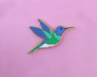 Emaille pin violetoor kolibrie: vergulde reversspeld vogel