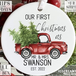 first christmas married ornament 2022, christmas ornaments personalized, customizable christmas ornament, red truck christmas ornament OR003