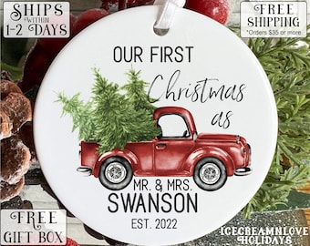 first christmas married ornament 2022, christmas ornaments personalized, customizable christmas ornament, red truck christmas ornament OR003