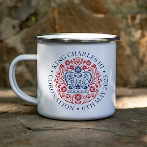 King Charles III Coronation Gift The Kings Official Emblem Enamel Mug Keepsake 6th May 2023 Souvenir Memorabilia Tin Cup Party Decoration