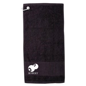May include: Black golf towel with a white logo of two billiard balls and the word "ROBERT" underneath.