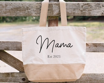 Personalised Mama Tote Bag, Gift For Mum, Custom Year, Jute Shopping Bag, New Mum Gifts, Mother's Day Present, Custom Bags For Mums