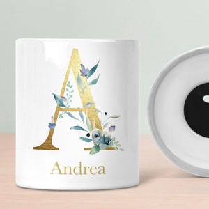 Personalisierte Spardose, Name und Initiale, Gold Sparglas, Geschenk für sie, Mädchen, Blumen-Sparschwein