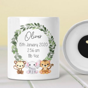 Personalisiertes neues Baby Geschenk für Babys Jungen Mädchen Sparschwein Dschungel Tiere Spardose Benutzerdefinierte Babys Andenken Safari Kinderzimmer Dekor Geschenke