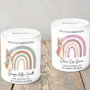 Personalised Money Box Christening Gift Baby Boy Baby Girl Keepsake Rabbit Piggy Bank Babies Custom Name Baptism Milestone Ceramic Gifts