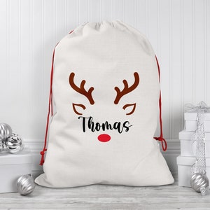 Personalised Christmas Sacks For Kids, Reindeer Santa Sack, Custom Name, Girls and Boys, Linen, Xmas Gift Bag, Drawstring Bag For Presents