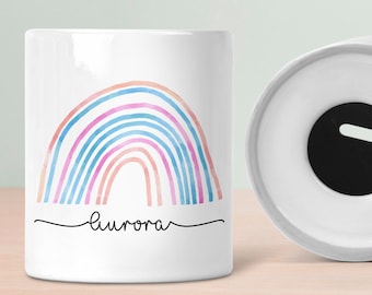 Personalised Rainbow Piggy Bank For Girls Custom Name Gifts Money Box Kids Savings Jar Coin Box Childrens Bedroom Nursery Decor Money Tin
