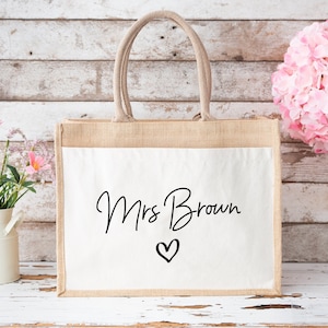 Personalised Jute Bag, Custom Name, Lunch Bag, Gift Bag For Her, Bags For Work, Love Heart Tote, Teacher Gifts