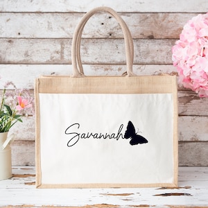 Personalised Name Jute Bag, Custom Lunch Bag For Girls, Butterfly Gift Bag, Bags For Work, Jute Tote, Teacher Gifts, Wedding Bag