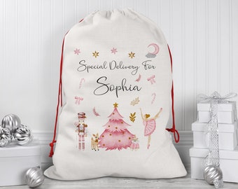 Personalised Christmas Sacks For Girls, Custom Name, Large Santa Sack, For Baby Girl, Linen, Xmas Gift Bag, Drawstring Bag, Kids Presents