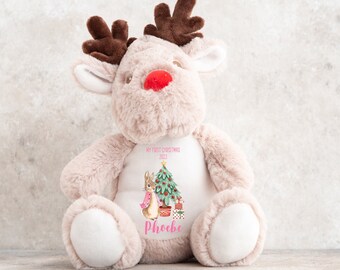 パーソナライズされた私の最初のクリスマステディ、トナカイ、カスタム名、赤ちゃんの初めてのクリスマスプレゼント、ぬいぐるみ、新しい赤ちゃんへのプレゼント、新生児、記念品