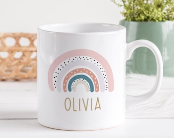 Personalised Rainbow Mug, Custom Name, Cup For Girls, Pink Rainbow Gift, Kids Mugs
