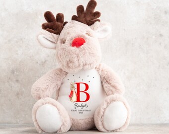 パーソナライズされた私の初めてのクリスマスのトナカイのテディ、カスタム名、赤ちゃんの初めてのクリスマスプレゼント、ぬいぐるみ、新しい赤ちゃんへのプレゼント、新生児、記念品、クリスマス