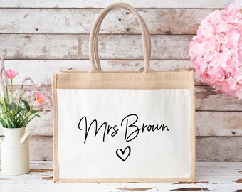 Personalised Jute Bag, Custom Name, Lunch Bag, Gift Bag For Her, Bags For Work, Love Heart Tote, Teacher Gifts