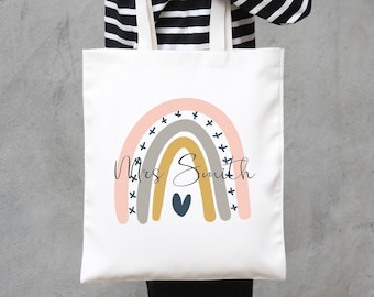 Personalised Teacher Bag, Custom Name, Teacher Tote Bag, Rainbow, Lunch Bag, Thank You Teacher Gift, Teaching Assistant