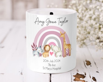 Caja de dinero personalizada, regalo para nuevo bebé, niña y niño, regalo de bautizo, nombre personalizado, cerámica, recuerdo, alcancía arco iris, regalo de bautismo