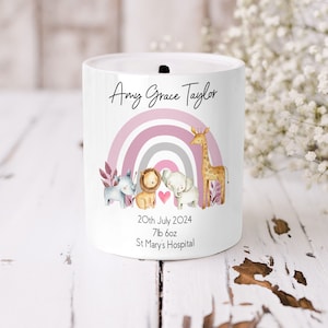 Personalised Money Box, Gift For New Baby, Girl & Boy, Christening Gift, Custom Name, Ceramic, Keepsake, Rainbow Piggy Bank, Baptism Present
