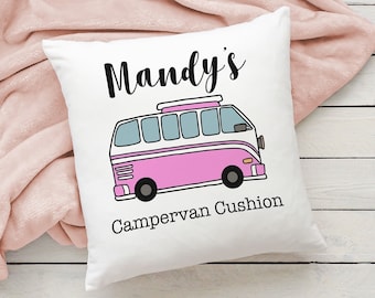 May include: White pillow with a pink campervan illustration and the text "Mandy's Campervan Cushion".