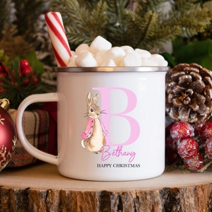 Taza personalizada de Nochebuena, para niñas, niños, conejo, regalo de Navidad, copa de esmalte, niños, ligera, regalo de Navidad, tazas personalizadas