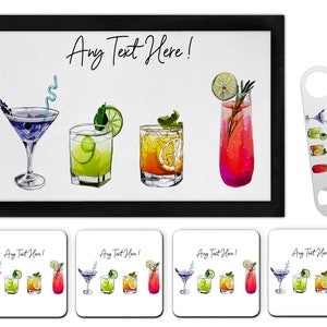 Personalised Cocktail Bar Runner Mat Matching Set Any Name Pub Bottle Opener 4 Coaster Custom Gift For Her Home Bars Cocktails Gifts Ladies