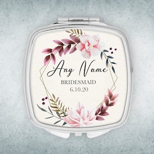 Personalisiertes Silber Brautjungfer Compact Taschenspiegel Personalisiert Name & Datum Make Up Handtasche Geschenk für Sie Brautjungfer Danke Hochzeit Andenken
