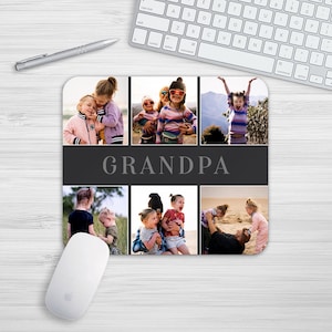 May include: A black and white mouse pad with a collage of photos of children and the word "GRANDPA" in the center.