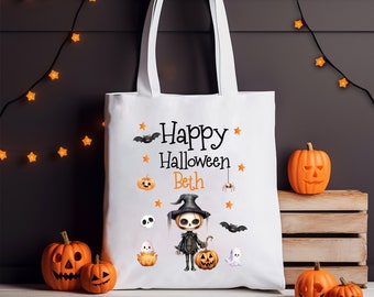 Personalisierte Süßes oder Saures Tasche Halloween Geschenk für Mädchen Jungen Skelett Kostüm Accessoire Benutzerdefinierte Name Süßigkeiten Geschenktaschen Süßigkeitenhalter Wiederverwendbar