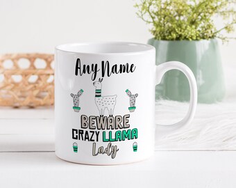 Taza personalizada de "Llama Loca", divertida, con nombre personalizado, para café o té, regalo de Navidad o cumpleaños.