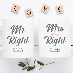 Personalised Mr and Mrs Always Right Mugs, Funny Gift For Husband, Wife, Newlyweds, Valentines, His Hers, Anniversary, Coffee Cups, Mug Set