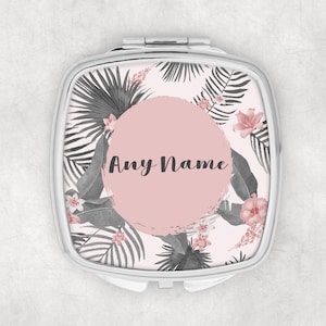 Personalisiertes Silber Taschenspiegel Federn Floral Name Make Up Handtasche Geschenk für Sie Weihnachten Geburtstag Gastgeschenk Henne