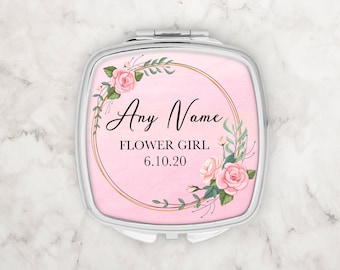 Personalised Flower Girl Silver Compact Pocket Mirror Custom Name & Date Make Up Handheld Gift For Her Girls Wedding Thank You Keepsake Pink