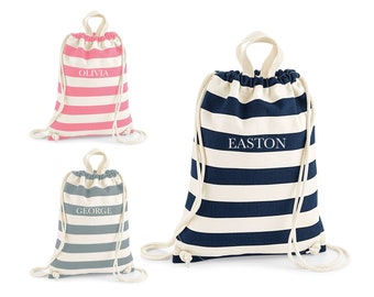 Personalised Drawstring Bag, Custom Gym Bag, Nautical Beach Bag, Swimming Bags, PE Kit, Gymsack, For Kids & Adults, Striped, Backpack