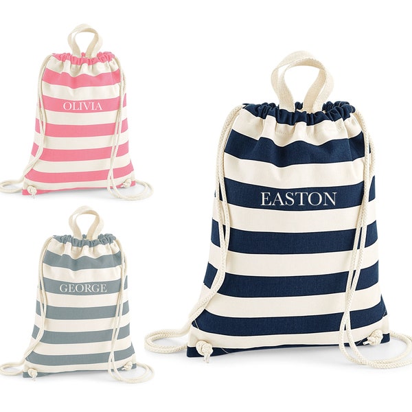 Personalised Drawstring Bag, Custom Gym Bag, Nautical Beach Bag, Swimming Bags, PE Kit, Gymsack, For Kids & Adults, Striped, Backpack