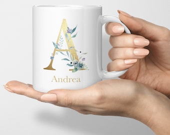 Gold Initiale Namenstasse Für Sie personalisierte Kaffee Teetasse Geschenk für Mädchen Damen Geburtstage Namen Tassen Home Decor Andenken Blumen Keramik Tassen