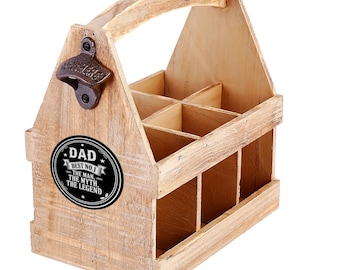Caja de cerveza personalizada para hombre, Día del Padre, Regalo de cerveza personalizado, Caja de madera, Soporte para 6 botellas, Transportador y abridor de botellas, Para papá, abuelo