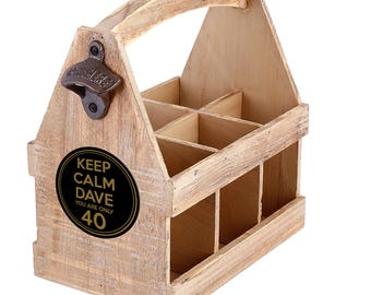 Personalised Beer Caddy, Birthday Gift For Men, Custom Name & Age, Rustic Wooden Crate, 6 Bottle Holder with Bottle Opener, Beer Hamper