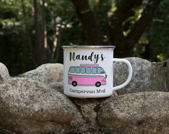 May include: White enamel mug with a pink camper van illustration and the text "Mandy's Campervan Mug".