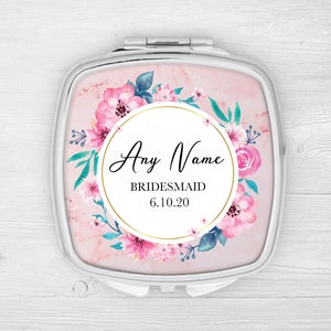 Personalisiertes Silber Brautjungfer Compact Taschenspiegel Personalisiert Name & Datum Make Up Handtasche Geschenk für Sie Brautjungfer Danke Hochzeit Andenken