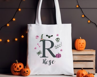 Sacola personalizada para doces ou travessuras para meninos e meninas, acessório para fantasias de Halloween, nome personalizado, inicial, doces, sacolas para presente, porta-doces, reutilizável