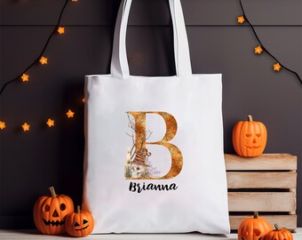 Sacola personalizada para doces ou travessuras, presente de Halloween para meninas, meninos, fantasia, acessório, nome personalizado, inicial, doces, sacolas de presente, porta-doces, reutilizável