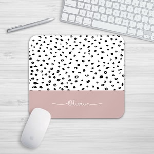 Personalised Dalmatian Print Dusky Pink Mouse Mat Rectangle Or Round Mousepad Desk Mouse Pad Office Accessories Mousemat Pattern PC Computer