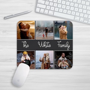 Peut inclure: Un collage de photos de famille avec le texte "The White Family" au centre. Les photos montrent une famille de quatre personnes, dont un couple et deux enfants, dans différents environnements, comme une plage, une forêt et un parc.