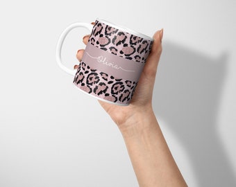 Caneca personalizada com glitter, estampa de leopardo, nome personalizado, xícara de café ou chá, presente para aniversário feminino, estampa animal, qualquer nome, ideias de presentes.