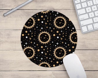 Black Gold Moon Sun Star Celestial Mouse Mat Rectangle Or Round Mousepad Desk Mouse Pad Office Accessories Mousemat Pattern PC Computer Gift