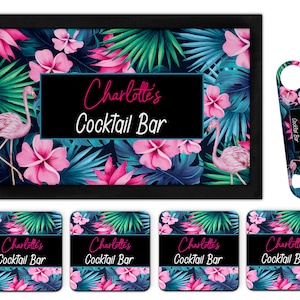 Personalised Cocktail Bar Runner Mat Any Name Matching Set Pub Bottle Opener 4 Coaster Custom Gift For Her Home Bars Cocktails Gifts Ladies