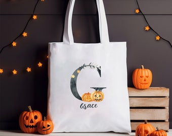 Sacola de presente de Halloween personalizada para meninas e meninos, acessório de fantasia, nome personalizado, inicial, doces, sacolas de presente, porta-doces, reutilizável