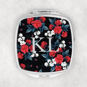 Personalisierter Silber Taschenspiegel Floral Rot Rose Initialen Monogramm Make Up Handtasche Geschenk für Sie Weihnachten Geburtstag Hochzeit