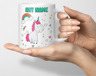 Personalised Unicorn Mug, Gift For Girls & Women, Mug and Coaster Set, Add Any Name, Customisable, Cup for Children